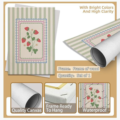 Vintage Green Striped Strawberry Canvas Prints Painting Trendy Botanical Flowers Posters Cute Fruit Cottagecore Wall Art Farmhouse Boho Aesthetic Pictures Decor for Kitchen Bedroom 16x24inch Framed
