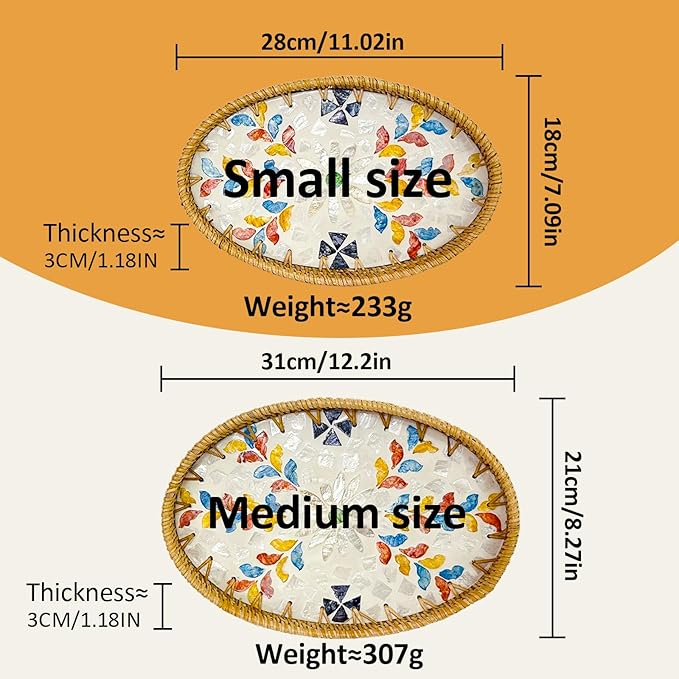 Oval Rattan Tray Bowls, 2 Pack Rattan Wicker Storage Bowls, Decorative Wicker Gift Basket for Serving Fruit Food Bread, Kitchen Counter Organizing