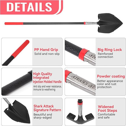 SHARK ATTACK 5-Piece Steel Shovel Set with Non-Slip Handle and D-Grip Handles - Multi-Size Garden Shovels with Powder Coating for Digging, Planting & Car Emergency