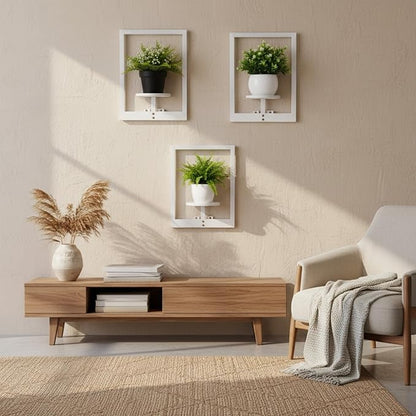 3 Pcs Wall Plant Holder Window Wooden Plant Shelves Photo Frame Planters Pot Holder Indoor Planters Wall Hanging Flower Pot Rack for Home Living Room Bedroom Entrance(Distressed White)