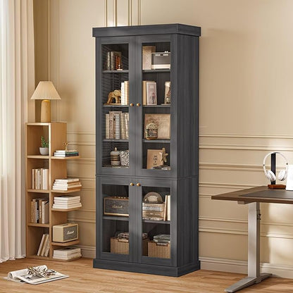 Vyre 70.8" Tall Black Bookshelf with Glass Doors, Farmhouse Modular Bookcase with 6-Tier Adjustable Shelves, Large Storage Cabinet for Home Office, Living Room
