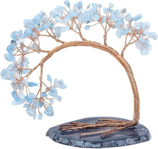 mookaitedecor Natural Aquamarine Crystal Money Tree Agate Slice Base Feng Shui Bonsai Crystal Tree for Wealth Luck Desk Decor, 4.5-5.2 Inch High