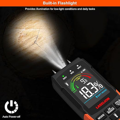 2-in-1 Pin & Pinless Moisture Meter MS03 – Accurate Moisture Detection for Wood, Concrete, Drywall, and More – LCD Display with Hold Function, Flashlight, and Auto Power Off
