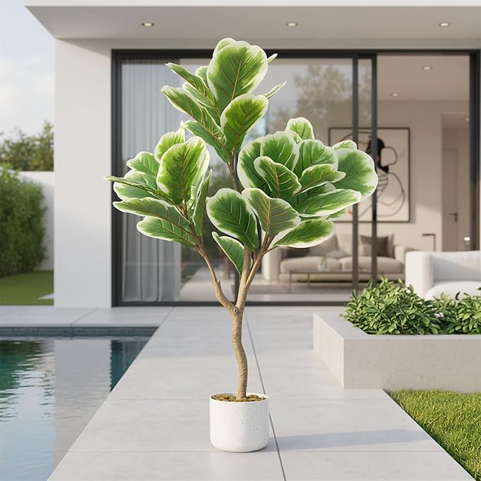 3.3 FT/39.4 in Lifelike Fiddle Leaf Fig Tree with Realistic Trunk, Faux Indoor Plant in Pot for Home and Office Decoration