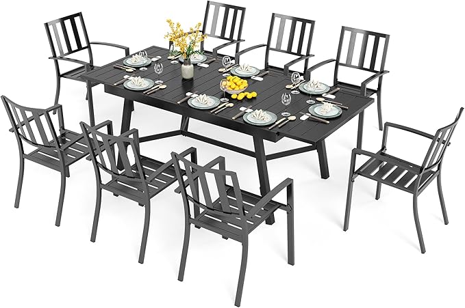 PHI VILLA 9 Pieces Outdoor Dining Set for 8, 84" Long Expandable Metal Table & Stackable Wrought Iron Chairs, Large Furniture Set for Patio, Deck, Yard, Porch - Black