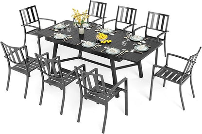 PHI VILLA 9 Pieces Outdoor Dining Set for 8, 84" Long Expandable Metal Table & Stackable Wrought Iron Chairs, Large Furniture Set for Patio, Deck, Yard, Porch - Black