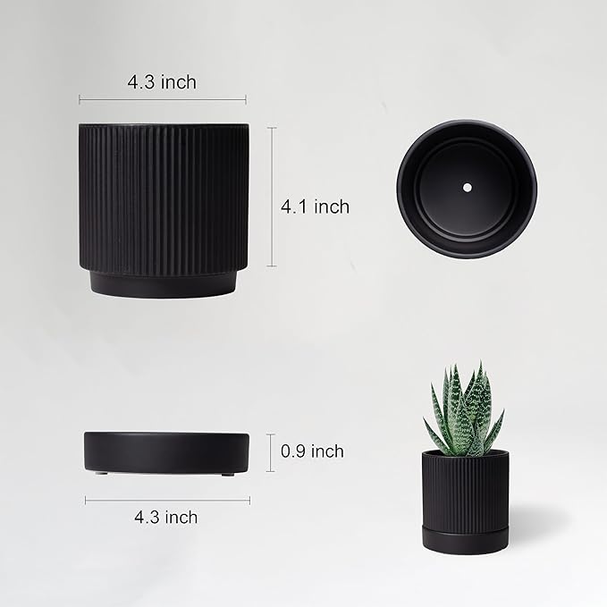 Small Plant Pots, 4 Inch Pots for Indoor Plants, Modern Minimalist Ceramic Plant Pots with Drainage Hole & Saucer, Matte Black Set of 2