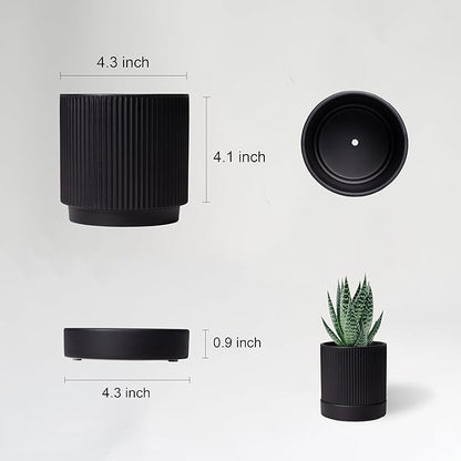 Small Plant Pots, 4 Inch Pots for Indoor Plants, Modern Minimalist Ceramic Plant Pots with Drainage Hole & Saucer, Matte Black Set of 2