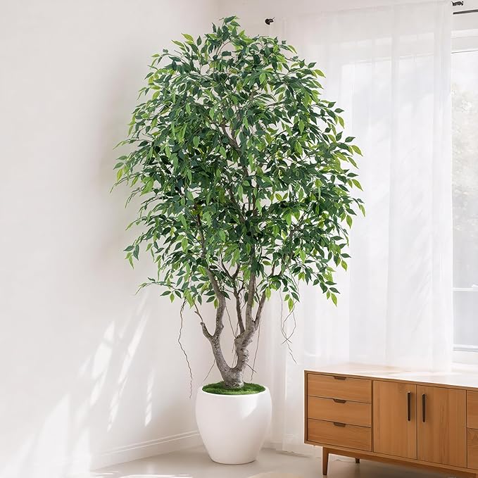 8ft Luxury Ficus Artificial Trees with Natural Curved Trunks, 96" Tall Lush Faux Banyan Tree in Round Artisan Planter for Home Decor Indoor, Large Fake Tree for Big House Home Villa Office