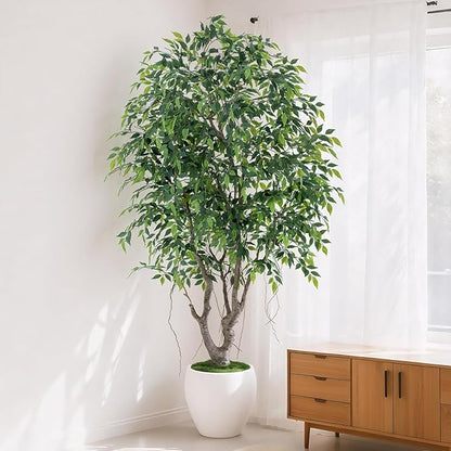 8ft Luxury Ficus Artificial Trees with Natural Curved Trunks, 96" Tall Lush Faux Banyan Tree in Round Artisan Planter for Home Decor Indoor, Large Fake Tree for Big House Home Villa Office