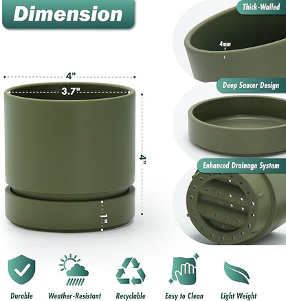 Phoenix Vine 4 Inch Planter Pot with Drainage Hole & Saucer, Deep Water Catch Tray, Straight Cylindrical Round Pot for Plants, Olive, Pack of 3, 23-F-R-3