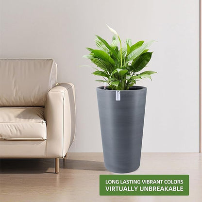 Dexceder 22x13 Tall Self Watering Planter High Cylinder Indoor Outdoor, Thickened Large Floor Standing Flower Plant Pot with Water Level Indicator (Gray, Wire Drawing)