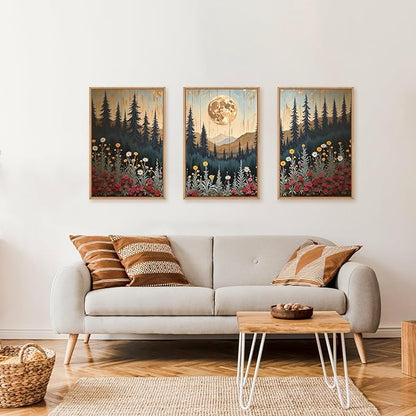 Ausril Vintage Moon Forest Framed Canvas Wall Art Set, Wildflower Forest Mountain Wall Decor, Nature Pine Tree Wall Painting, Colorful Floral Art Prints for Living Room, Bedroom, Office - 24"X36"X3