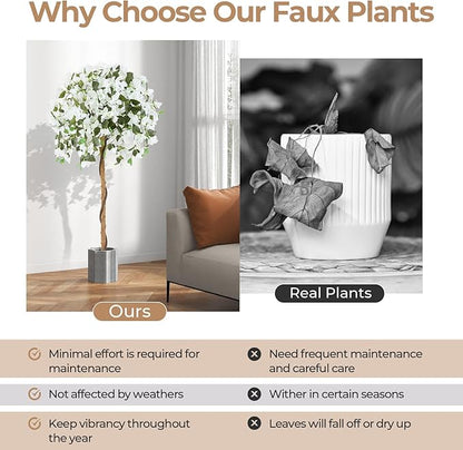 GOFLAME 53" Artificial Bougainvillea Tree, 2 Pack Faux Silk Flower Plant in Pot with 576 Flowers & 288 Leaves, Indoor Outdoor Fake Bougainvillea for Home, Office and Garden Decor, White