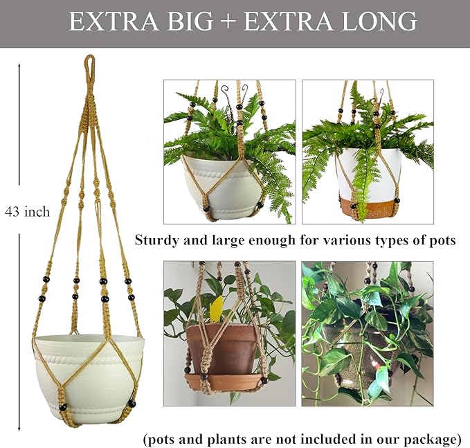 43 Inch Macrame Plant Hanger Large for up to 12 Inch Pot Extra Long Hanging Plant Holder No Tassels Jute Hanging Planter Basket for Indoor Outdoor Boho Decor, Brown 2 Pack