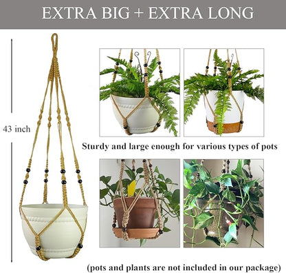 43 Inch Macrame Plant Hanger Large for up to 12 Inch Pot Extra Long Hanging Plant Holder No Tassels Jute Hanging Planter Basket for Indoor Outdoor Boho Decor, Brown 2 Pack