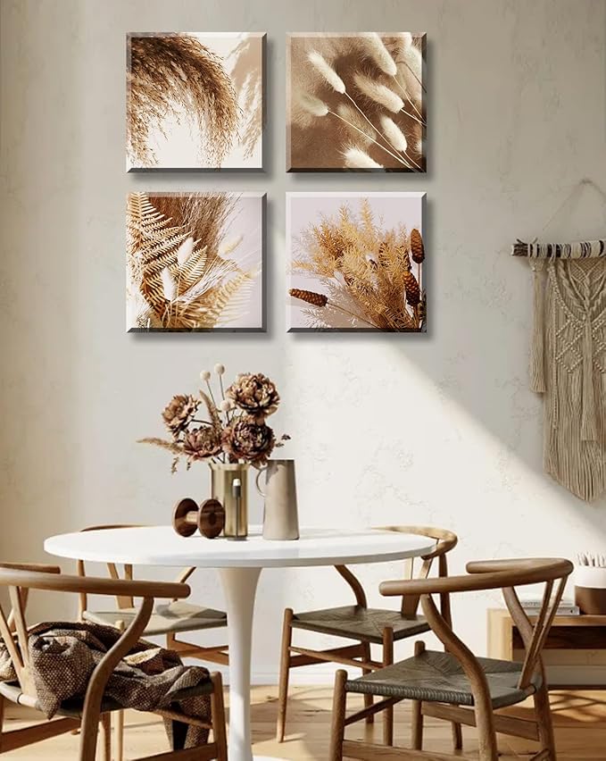 BLINFEIRU Boho Botanical Canvas Wall Art Prints Modern Neutral Fall Wall Decor Farmhouse Plant Dried Floral Grass Pictures for Bedroom Bathroom Decoration Home Living Room Artwork Framed 12"x12"x4