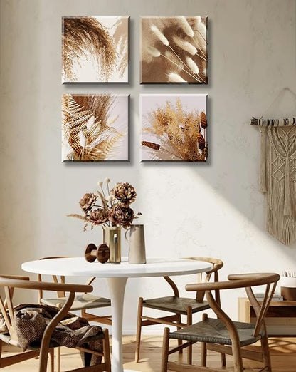 BLINFEIRU Boho Botanical Canvas Wall Art Prints Modern Neutral Fall Wall Decor Farmhouse Plant Dried Floral Grass Pictures for Bedroom Bathroom Decoration Home Living Room Artwork Framed 12"x12"x4