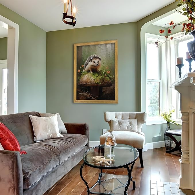 SAMHOU Framed Hedgehog Decor Painting, 3D Textured Hand Drawn Sandstone Wall Art, Vintage Rustic Woodland Cottagecore Wall Decor, Cute Animal Nursery Print Oil Paintings 16''x24''
