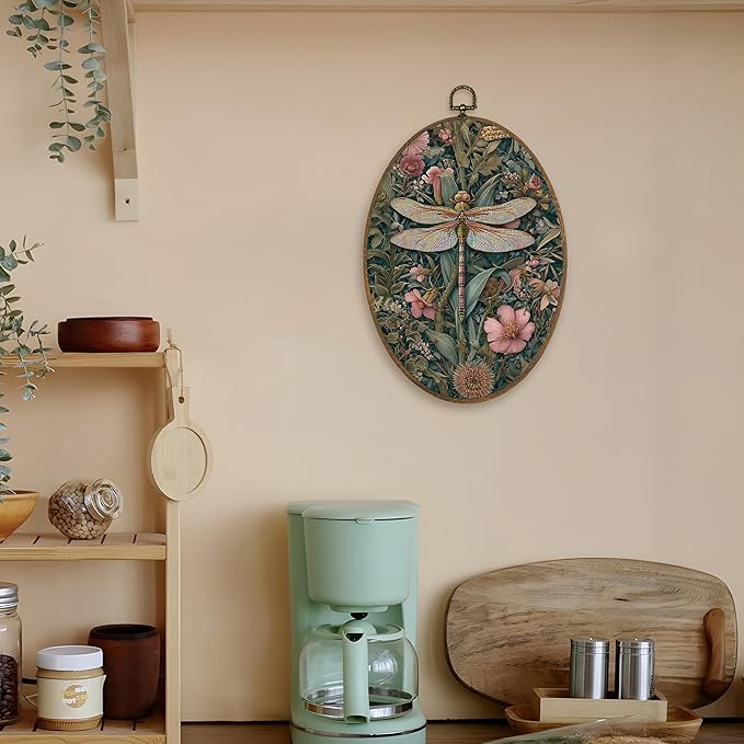 LKETW Vintage Floral Dragonfly Oval Wall Art Decor, Retro William Morris Flower Botanical Dragonfly Oval Canvas Hanging Decor, Cottagecore Wall Decorations for Home Bedroom Office, 8.6x11.4 Inch