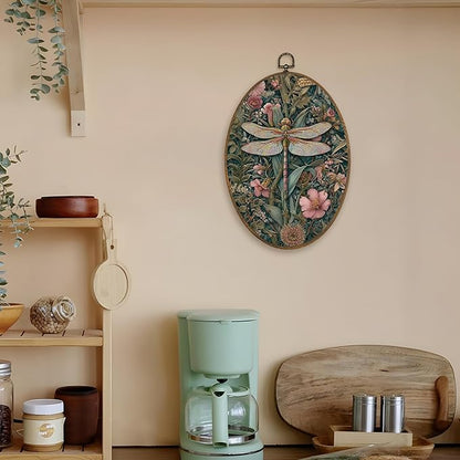 LKETW Vintage Floral Dragonfly Oval Wall Art Decor, Retro William Morris Flower Botanical Dragonfly Oval Canvas Hanging Decor, Cottagecore Wall Decorations for Home Bedroom Office, 8.6x11.4 Inch