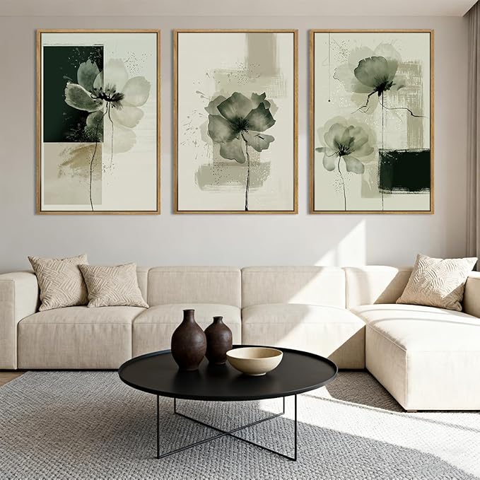 ANHUIB Black Neutral Floral Wall Art 16x24 Inch Abstract Flower Wall Decor Waterolor Painting Set of 3 for Living Room Bedroom Bathroom