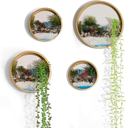 Gold Metal Wall Planter Set of 4, Indoor Metal Hanging Planter with 10Pcs Artificial Succulents Wall Decor Round Succulent Planters Air Plant Pots Container for Cactus Home Office Decor