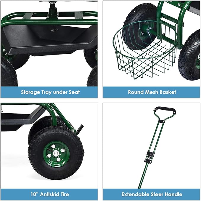 Goplus Rolling Garden Cart with Seat, Outdoor Garden Stool with Wheels, Tool Tray & Basket, Adjustable Steering Handle, 360 Degree Swivel Seat for Planting, Gardening Scooter for Lawn, Yard, Patio