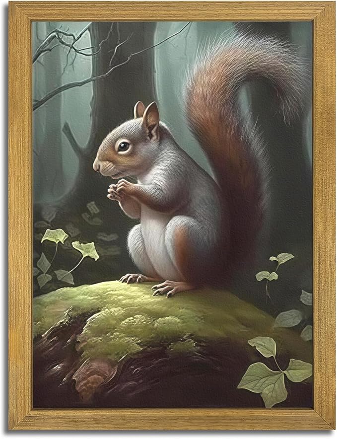 SAMHOU Framed Vintage 3D Textured Wall Art, Hand Drawn Sandstone Squirrel Prints Pictures, Dark Nature Animal Wall Decor for Living Room Bedroom Bathroom Nursery 16x24 inch