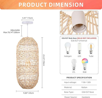 Arturesthome 1 Light Natural Rattan Pendant Light, Woven Chandelier Pendant Lamp Shade, Hanging Ceiling Light, Handmade Lampshade for Bar Hallway D 9.8"* 23.2"