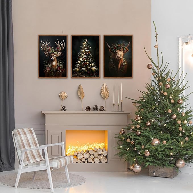 HLNIUC Dark Christmas Framed Wall Art Set,Vintage Christmas Highland Cow Canvas Wall Decorations,Modern Xmas Tree Reindeer Painting,Festive Winter Canvas Art Print for Living Room Office-16 x24 x3