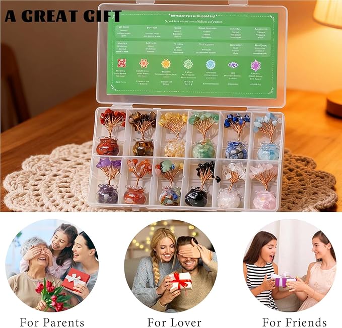 Runyangshi 12 Pcs Chakra Crystal Trees of Life - Fengshui Money Luck Gemstones Tree, Handmade with Natural Stones and Copper Wire for Home Office Decoration, Reiki Healing Meditation Gifts