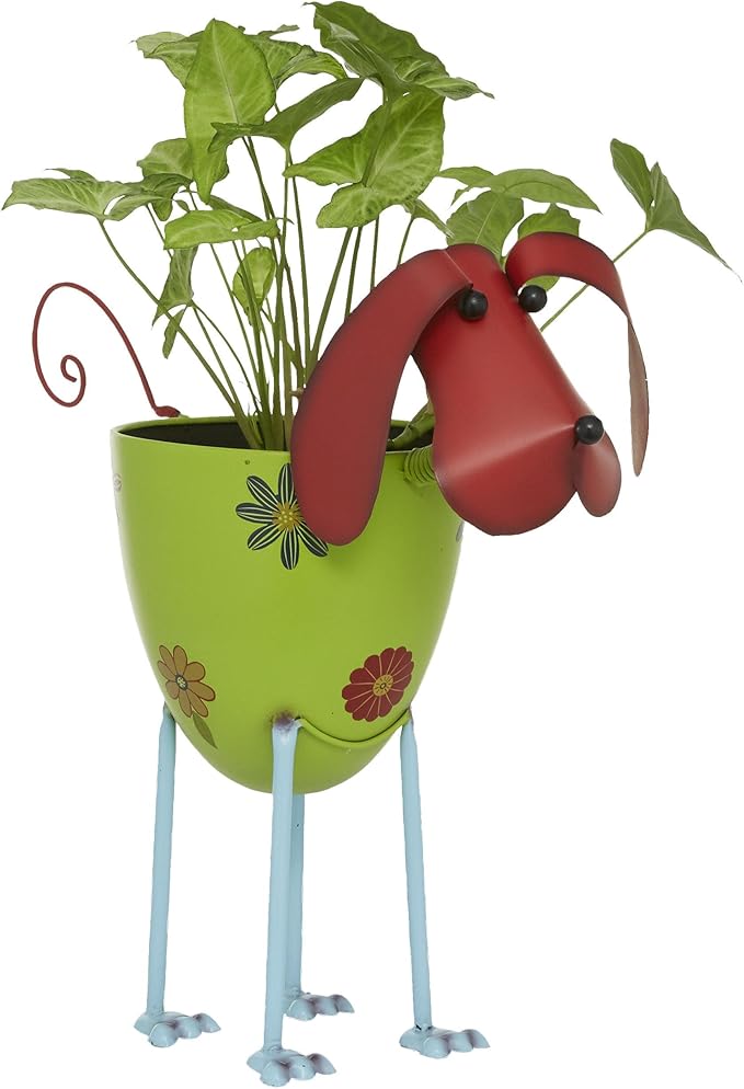 Deco 79 Metal Dog Indoor Outdoor Planter - Large Pot With Floral Pattern, 19" x 8" x 18", Green