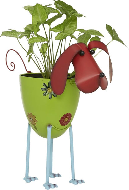 Deco 79 Metal Dog Indoor Outdoor Planter - Large Pot With Floral Pattern, 19" x 8" x 18", Green