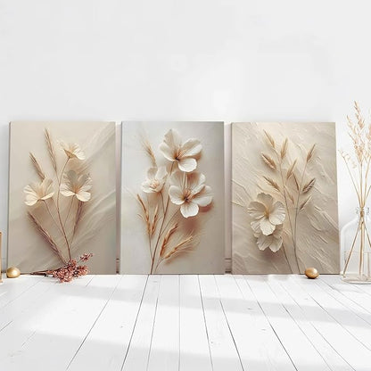 FYLDPSB 3Pcs Unframed Neutral Beige Floral Canvas Wall art, Modern Simple Texture Plant Painting Wall Decor, Vintage Flower Poster Prints for Living Room Bedroom Farmhouse Ready to Hang 24''L x 16''W
