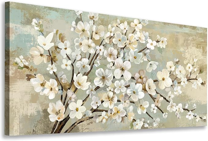 arteWOODS Flowers Canvas Wall Art - Beige Flower Branches Pictures Wall Decor Rustic Brown Botanical Painting Artwork Elegant Floral Prints for Living Room Bedroom Home Decor Ready to Hang 48 x 24in