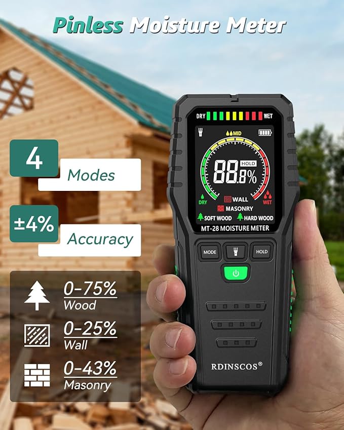 Pinless Moisture Meter for Wall,Floor – Digital Moisture Tester with 3-Color LCD Display, Audible Alarm & HOLD Function – Ideal for Home Inspections (Red_green)