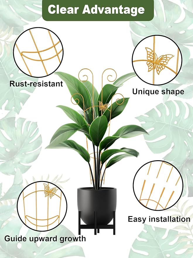 4 Pcs Metal Butterfly Indoor Plant Trellis for Climbing Plants, 30" Expandable Garden Support for Potted Plants Outdoor, Houseplant Climber for Ivy Pothos Monstera Hoya Flower (Gold)
