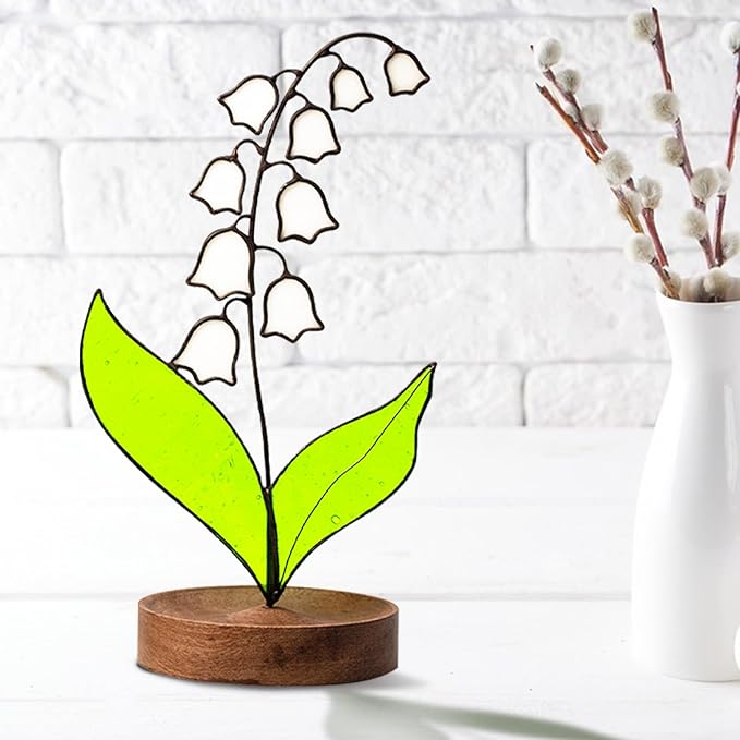 Lily of Valley Stained Glass Decor, Handmade Real Stained Glass Lily of Valley Flower Suncatchers with Walnut Wood Base, Cute Desk Windowsill Decor Plant Gifts for Women,Mom,Plant Lovers (White)