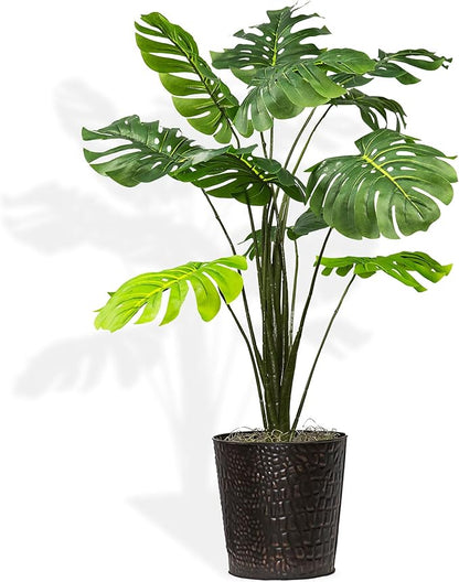 2.8ft Faux Monstera Deliciosa - Realistic Fade Resistant Foilage, No Maintenance, Large Indoor Artificial Plant in Copper Metal Pot - Living Room, Home & Office Decor