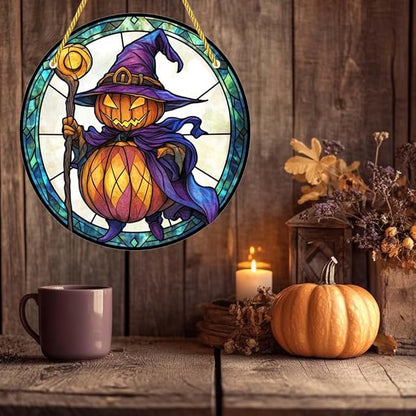 Acrylic Window Hanging Pumpkin Wizard Stained Panel Window Decoration for Halloween Decorations Outdoor Indoor Garden Yard Home Halloween Decor 12 Inch