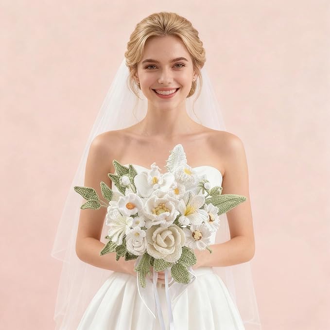 White Crochet Flowers Bridal Wedding Bride Bouquet Handmade Knitted Artificial Flowers Home Decor