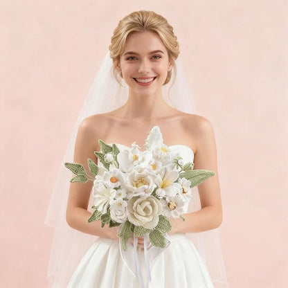 White Crochet Flowers Bridal Wedding Bride Bouquet Handmade Knitted Artificial Flowers Home Decor