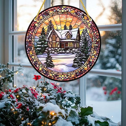 Acrylic Window Hanging Snowhouse Stained Panel Window Decoration for Outdoor Indoor Garden Yard Home Winter Decor 12 Inch