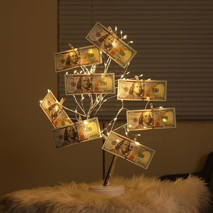 4 Pack Money Tree Gift Holder 108 LEDs Lighted Fairy Light Spirit Trees Graduation Decorations Battery/USB Powered Light Up Display Twig Gift Card Tree with 22 Clear Clips for Card Photo Memo