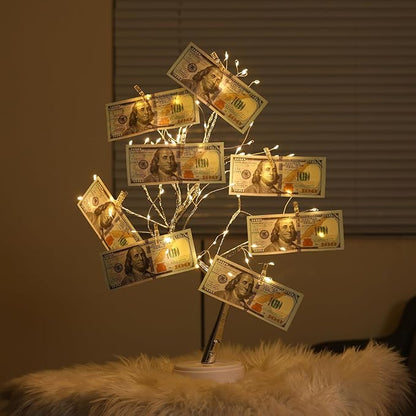 4 Pack Money Tree Gift Holder 108 LEDs Lighted Fairy Light Spirit Trees Graduation Decorations Battery/USB Powered Light Up Display Twig Gift Card Tree with 22 Clear Clips for Card Photo Memo