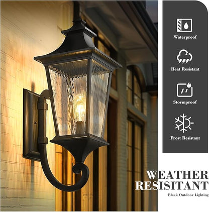 Emliviar 29.3" Large Exterior Wall Light, Outdoor Wall Sconce Suitable for House Porch, Water Ripple Glass in Black Finish, XE292UB-L SW BK