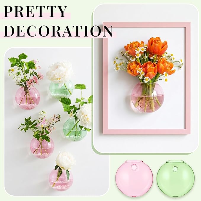 LemonRoad 2 Pcs Wall Hanging Glass Planter Gifts for Plant Lovers Pink Green Glass Terrariums Planter Oblate Wall Vases for Flowers Hydroponics Plant Propagation Station for Home Office Room Decor