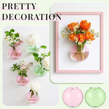 LemonRoad 2 Pcs Wall Hanging Glass Planter Gifts for Plant Lovers Pink Green Glass Terrariums Planter Oblate Wall Vases for Flowers Hydroponics Plant Propagation Station for Home Office Room Decor