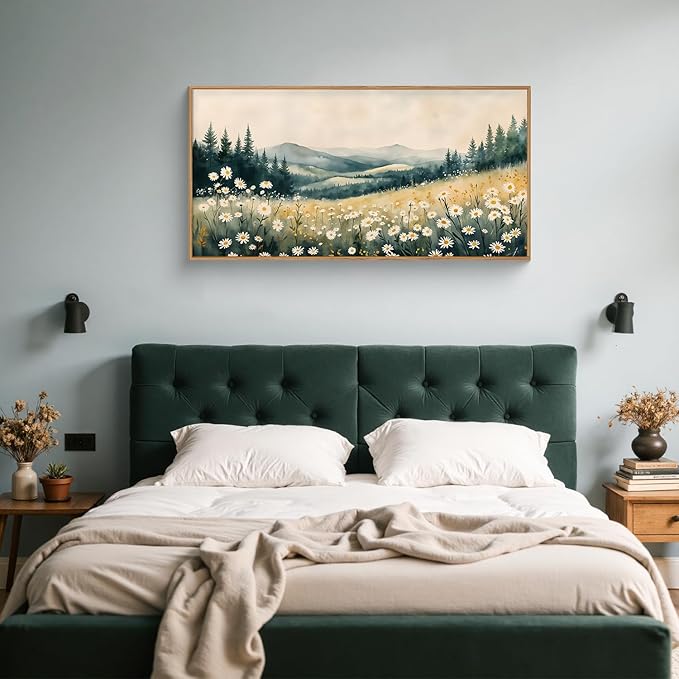 Large Misty Mountain Framed Canvas Wall Art,Nature Daisy Flower Wall Decor,Modern Foggy Forest Art Painting,Abstract Woodland Landscape Artwork for Living Room,Bedroom,Dining Room-20"x40"x1